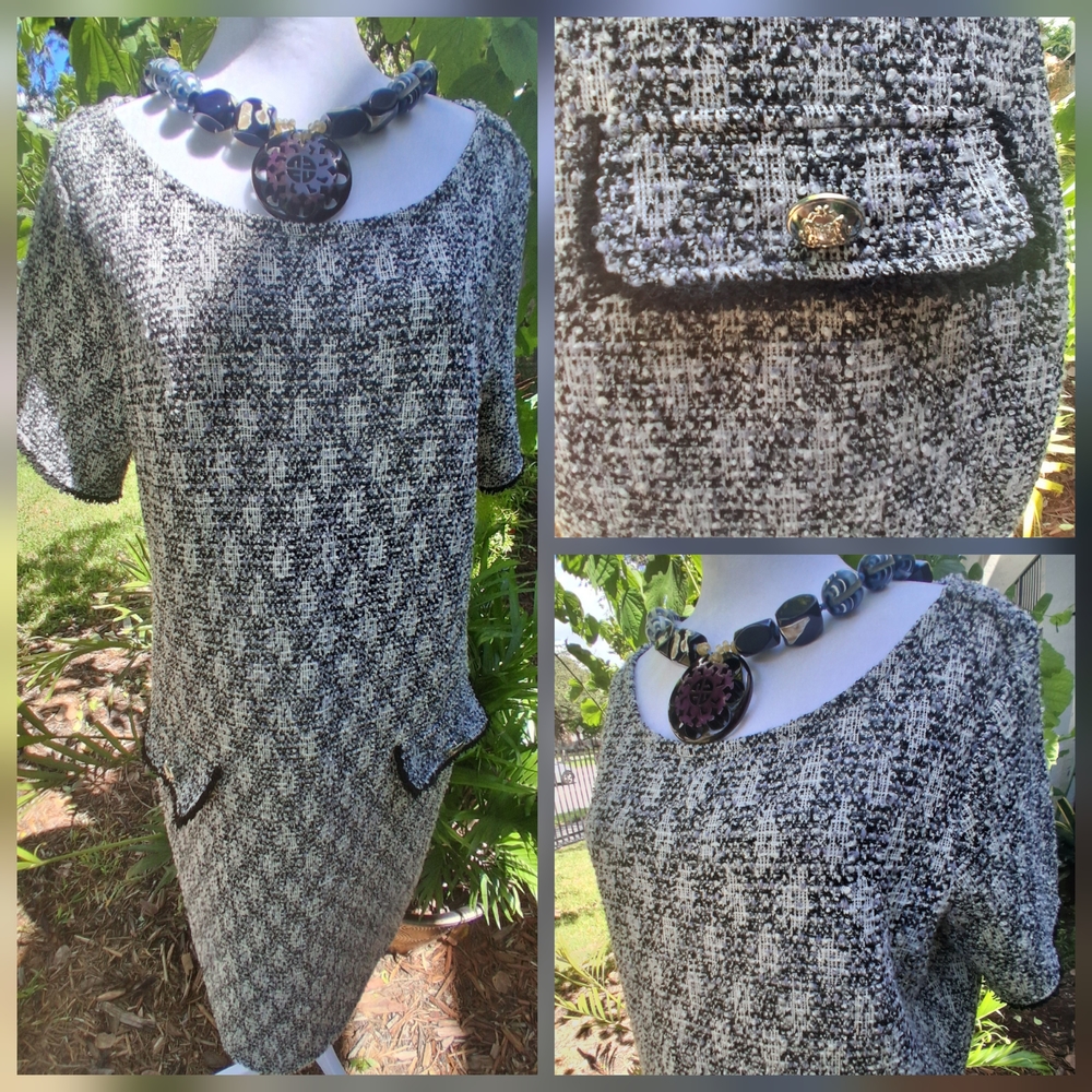 🔥Isaac Mizrahi Black White Tweed Midi Dress Size Large EUC & FREE GIFT - Picture 2 of 15